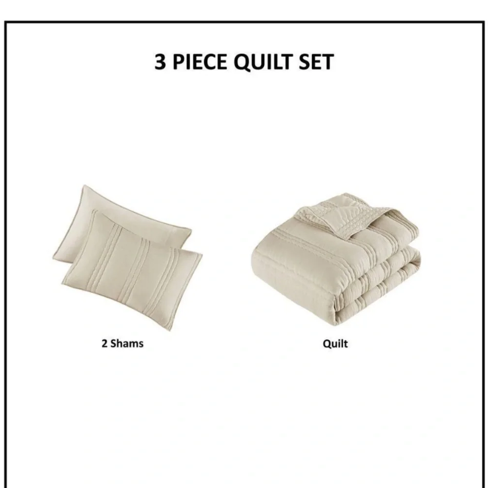 NEW Urban Habitat Full/Queen Gauze Quilted Elegant Cream Bedding Set 3 pc set